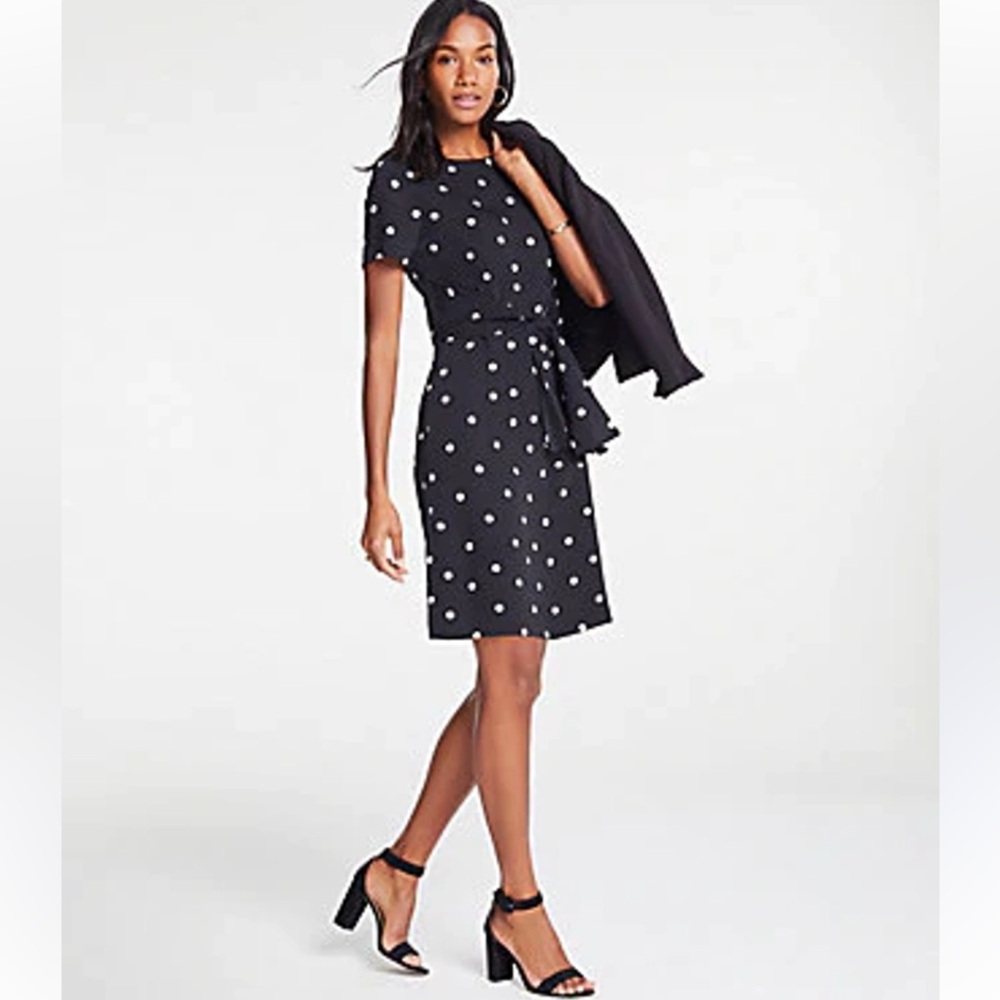 Ann Taylor POLKA DOT TIE FRONT T-SHIRT DRESS IN BLACK